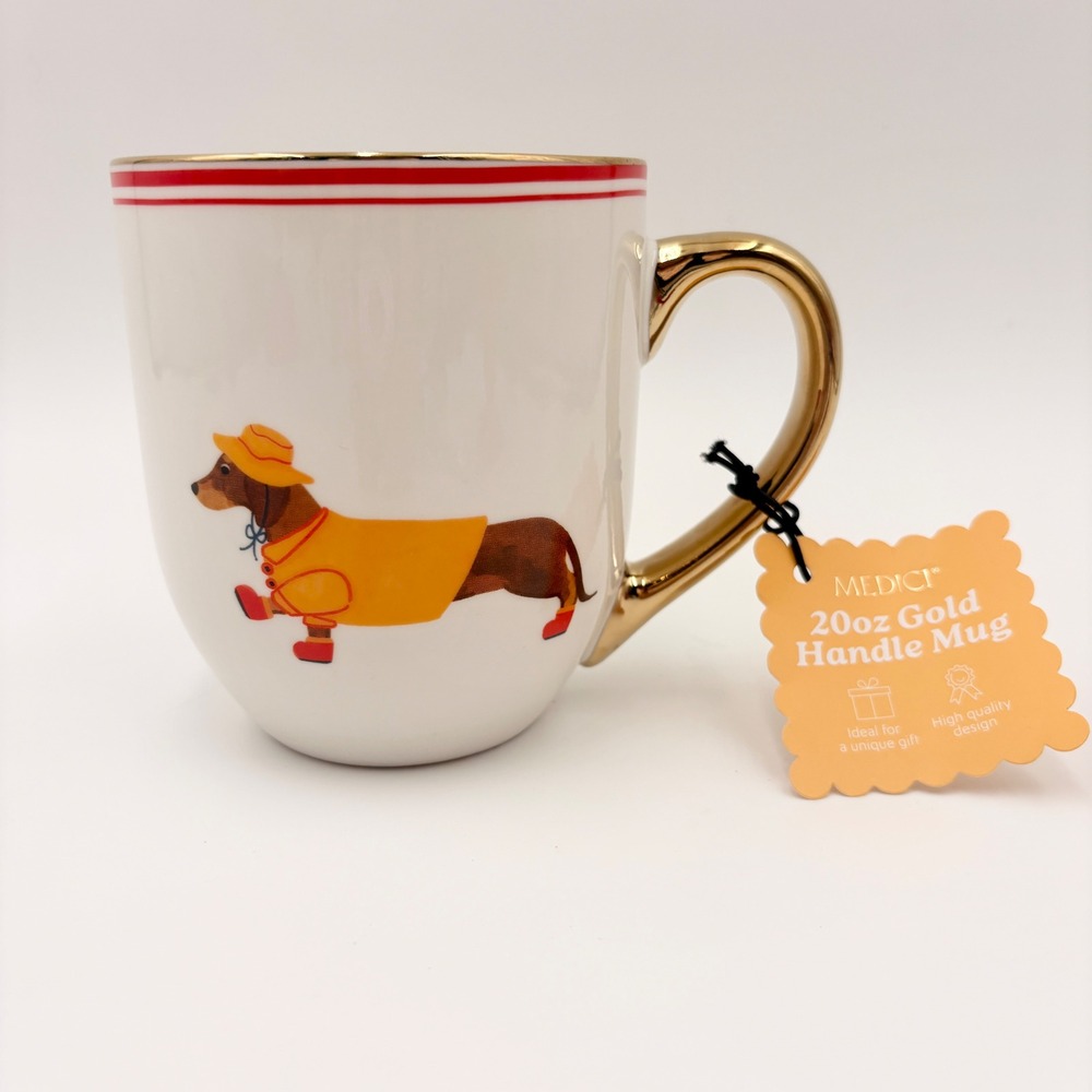 Medici Dachshund Raincoat 20oz Coffee Mug Gold Handle Wiener Dog Doxie NEW